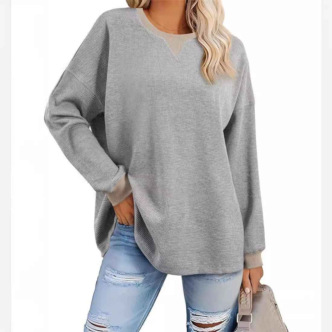 Fashion Round-Neck Color-Block Long-Sleeve Sweatshirt
