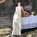 Women's White Satin Halter Maxi Dress — Asymmetric & Slit Back