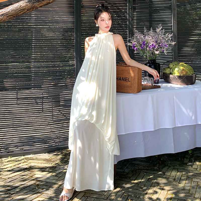 Women's White Satin Halter Maxi Dress — Asymmetric & Slit Back