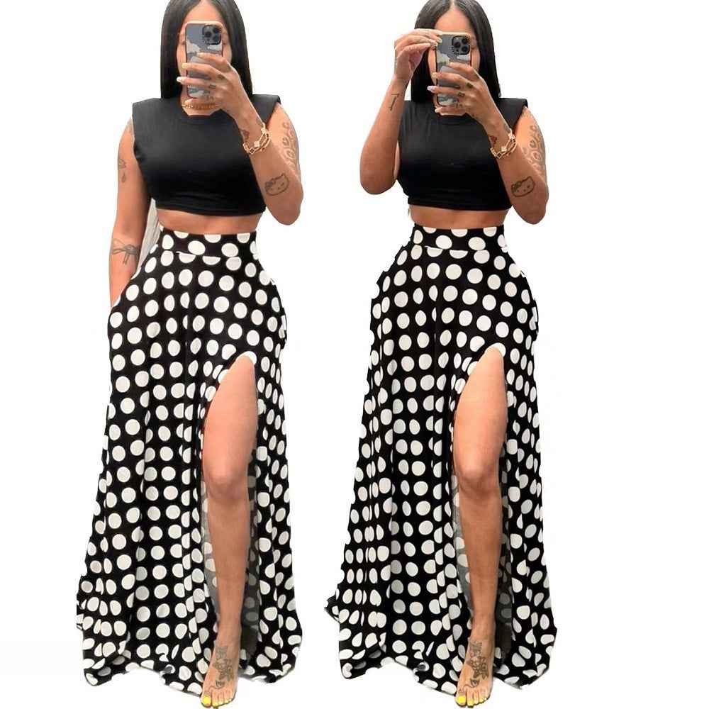 Polka Dot High-Waisted Full Midi Skirt