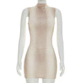 Half-high Neck Printed Sleeveless Waist-cinched Sheath Mini Dress