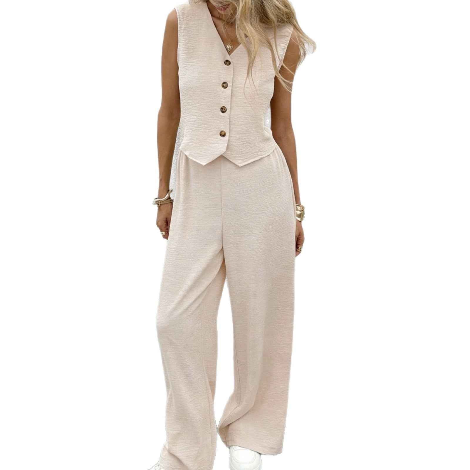 Button-Front Vest & Wide-Leg Trousers Two-Piece Set