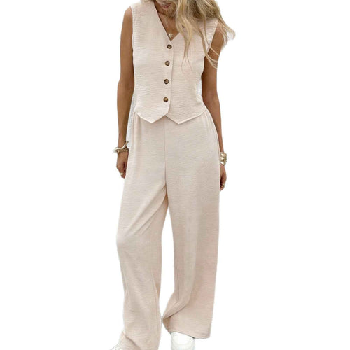 Button-Front Vest & Wide-Leg Trousers Two-Piece Set