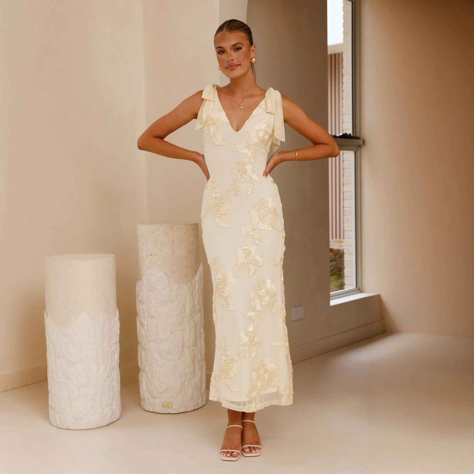 Womens Long Dress With 3D Embroidery Backless Design And Cross-Tie Straps