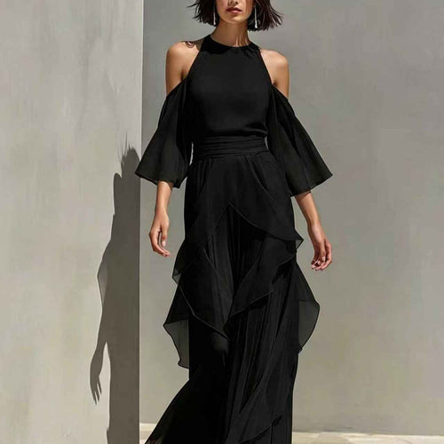 Womens Chiffon Blouse And Flare-sleeve Straight-leg Pants Set