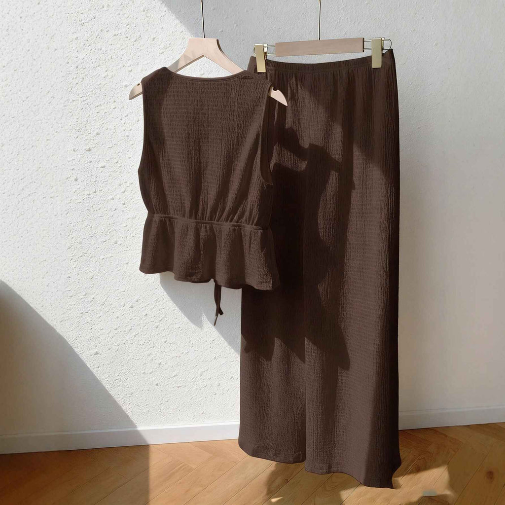 Solid-color Sleeveless Top With Tie Detail And Casual Wide-leg Pants Set