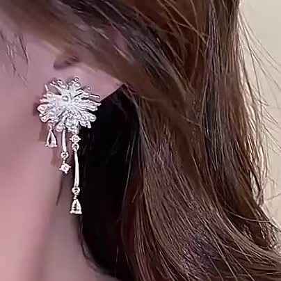 Light Luxury Forest Style Zircon Firework Tassel Stud Earrings, Super Fairy Versatile Exquisite High-grade Temperament Ear Jewelry For Women