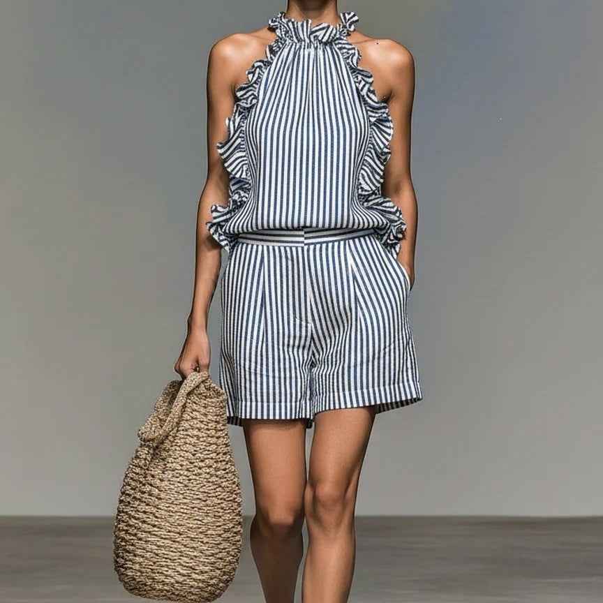 Casual Sleeveless Striped Lace T-shirt Top And Shorts