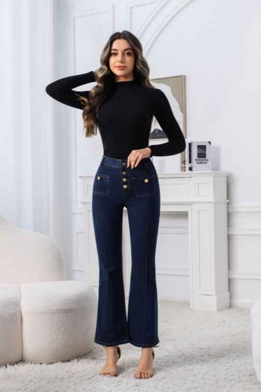 High-Waisted Gold Button Flare Jeans – Dark Wash Bootcut Denim