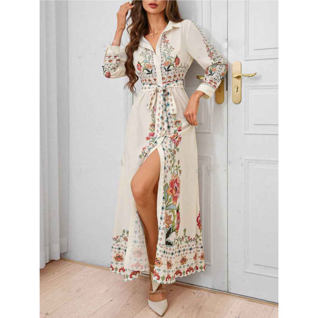 Women's Floral Print Long-Sleeve Shirt Dress — Mid-Length