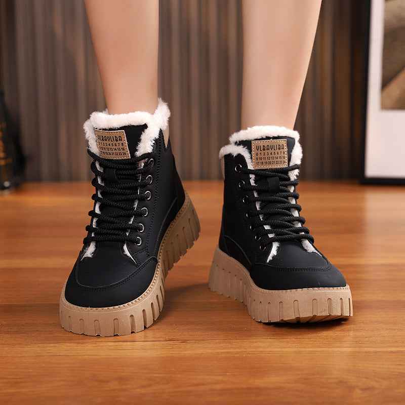 Women's Fleece-Lined High-Top Boots — Chunky Sole, Round Toe