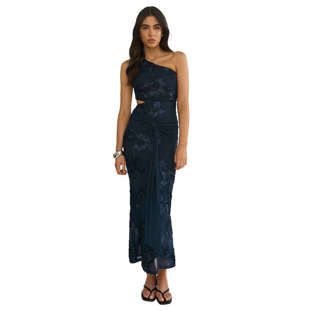 One-shoulder Floral-embroidered Dress With Waist Pleating And A Draped Silhouette