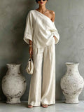 Off-Shoulder Knit Top & Wide-Leg Pants Set — 11 Colours