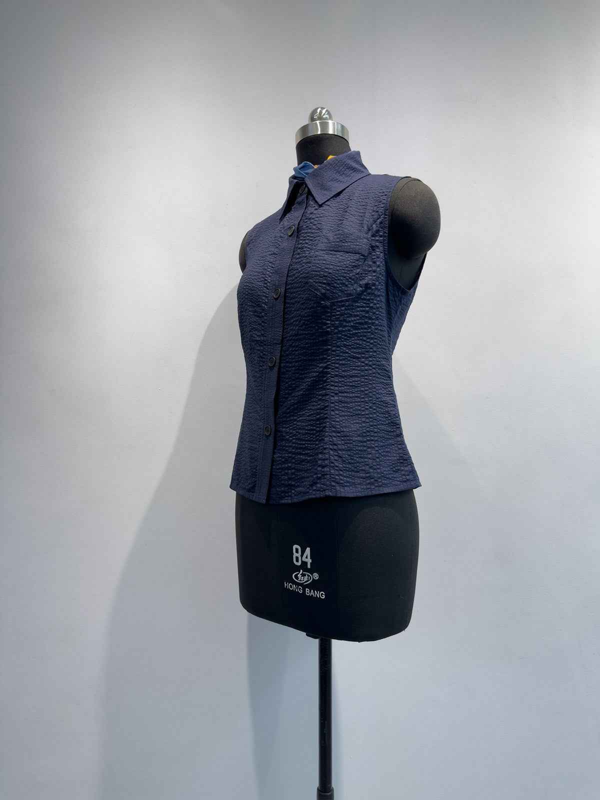 Womens Sleeveless Shirt With Lapel Collar Breathable Navy-Blue Commuter Top For Summer