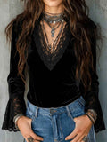 New Velvet Patchwork Deep-V Lace-trimmed Flared-sleeve Slim-fit Long Sleeves