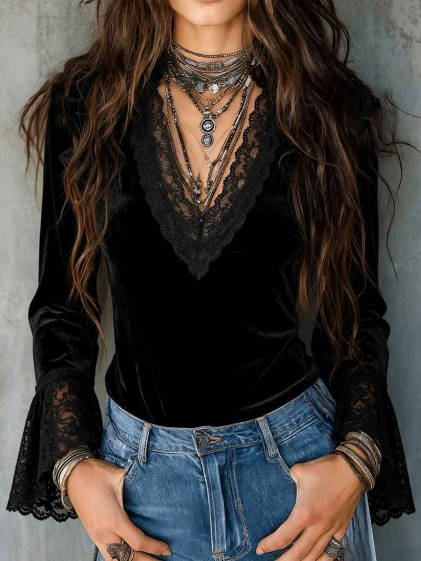 New Velvet Patchwork Deep-V Lace-trimmed Flared-sleeve Slim-fit Long Sleeves