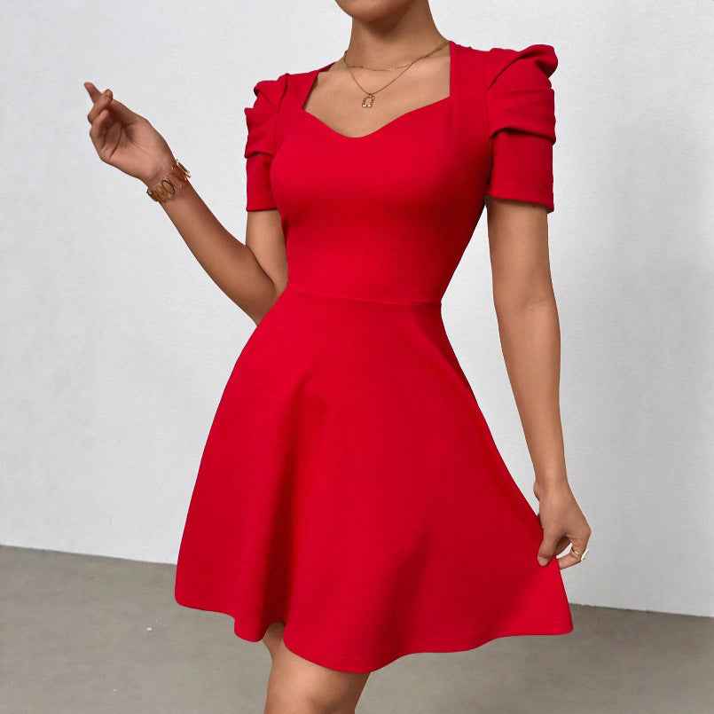 Boat-Neck High-Waist Zipper Mini Dress — Black & Red