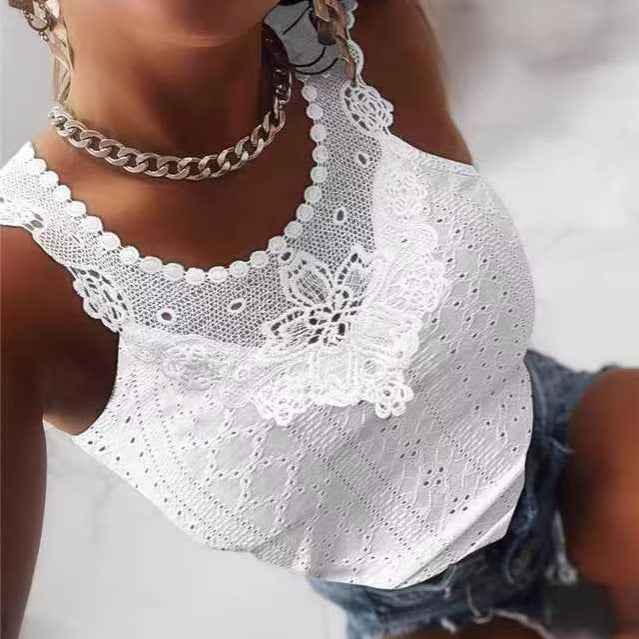 Lace Trim Jacquard Vest – Slim Fit Sleeveless Top