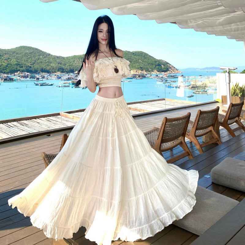 Women's French Off-Shoulder Top & Flared Skirt Set