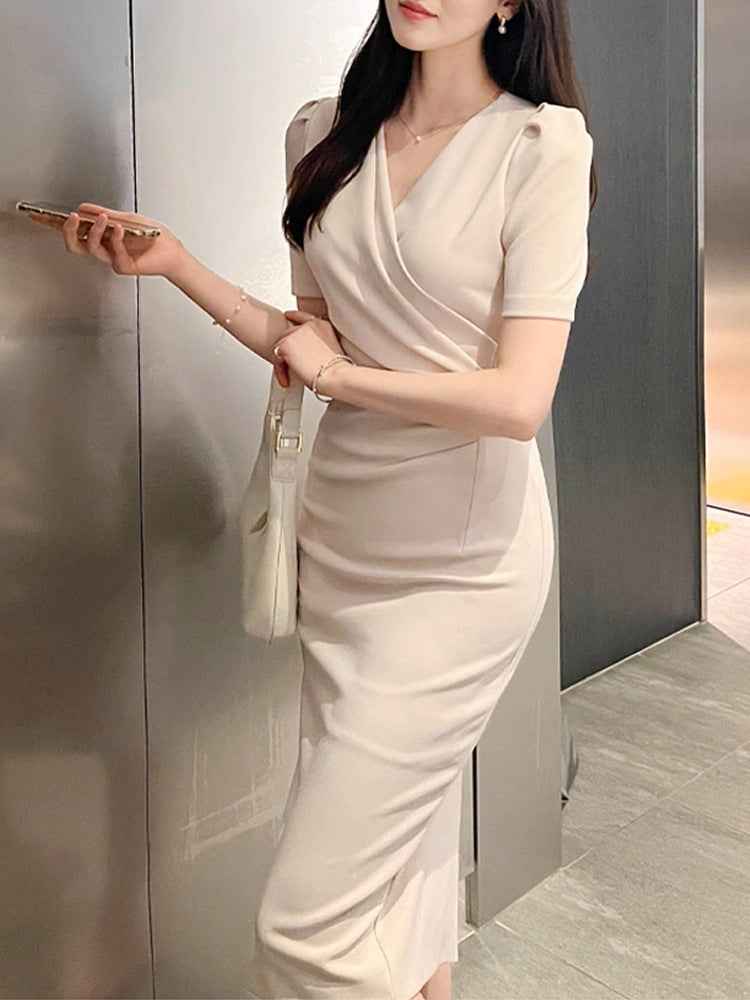High-Waist V-Neck Pleated Bodycon Midi Pencil Dress