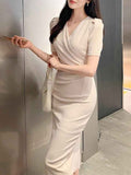 High-Waist V-Neck Pleated Bodycon Midi Pencil Dress
