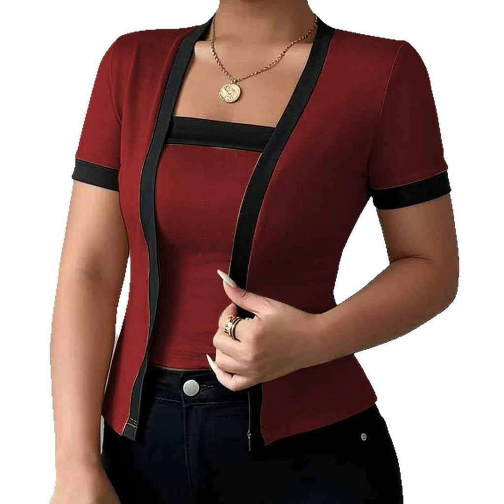 Patchwork Mock Two-Piece Slim Knit Top