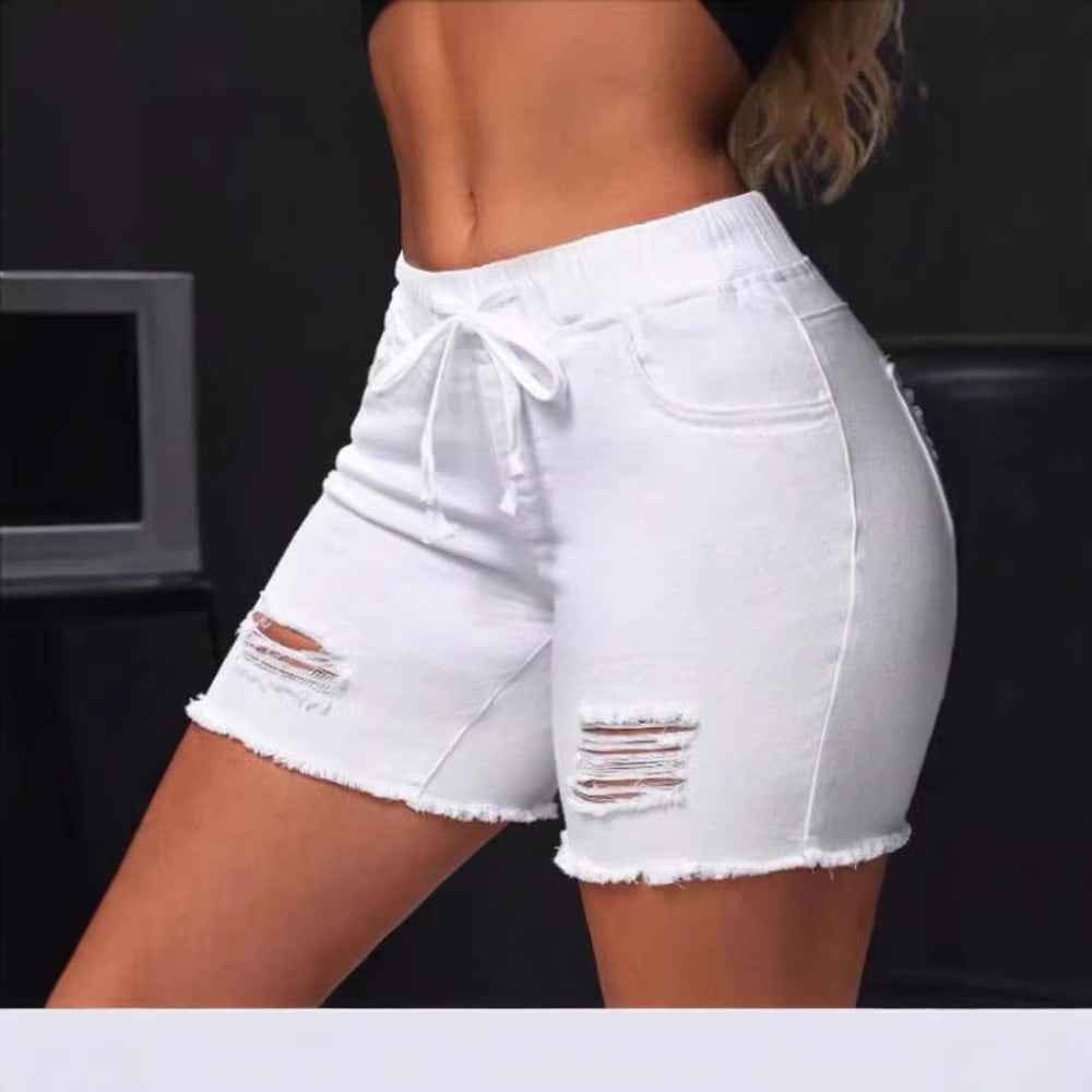 Mid-High Waist Ripped Denim Shorts — White & Black, S–XL