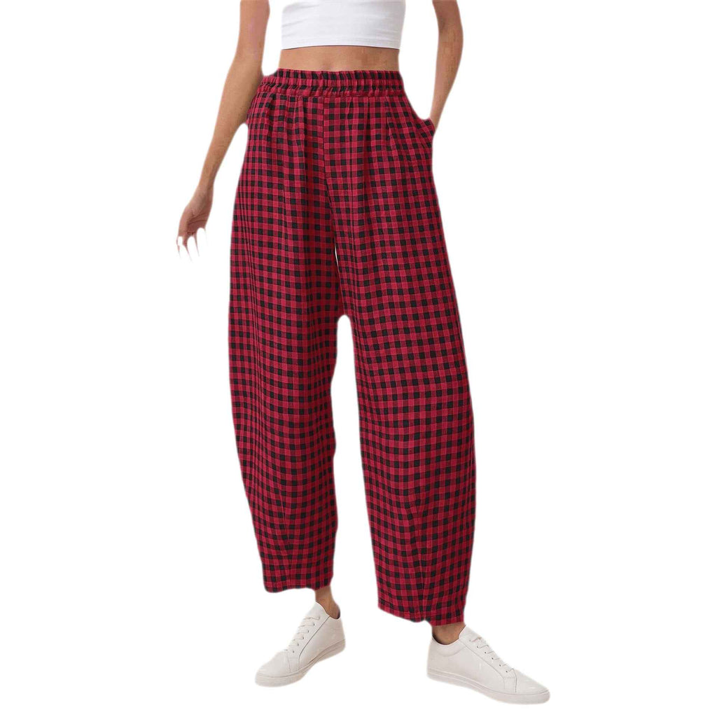 Plaid Knit Elastic-Waist Cropped Trousers