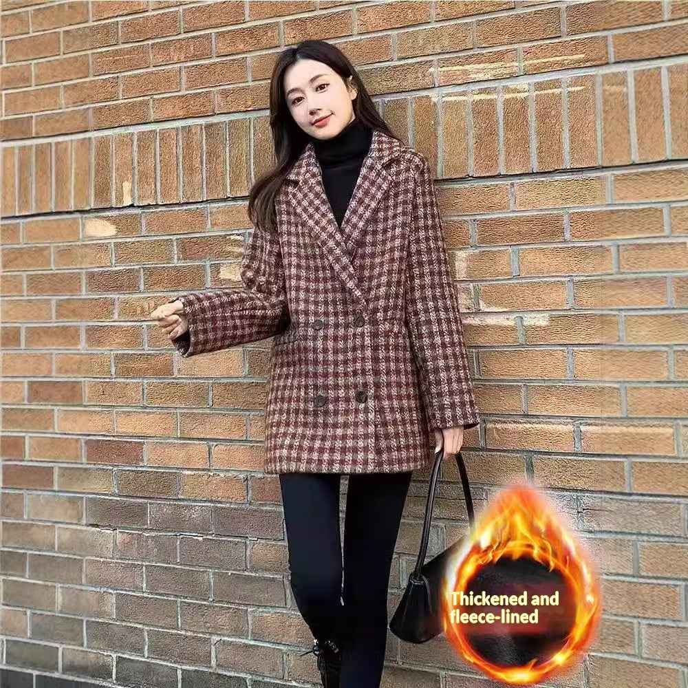 Women's Plaid Coat – Elegant Loose Fit with Pockets, S–XXL