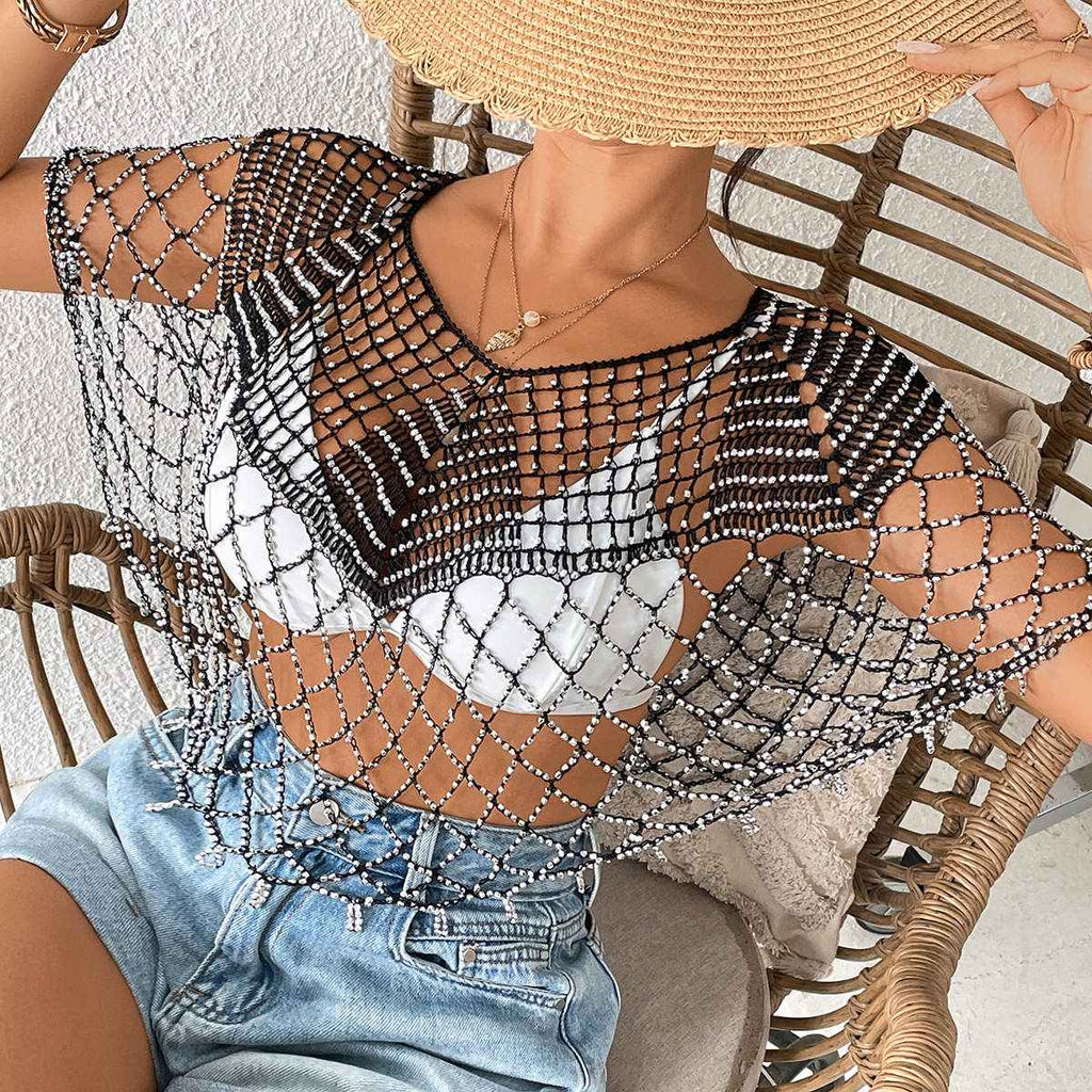 New Arrival Women Hollow Out Beaded Tassel Cape Shawl, Sheer Sun Protection Bikini Cover Up, European American Resort Beach Outfit