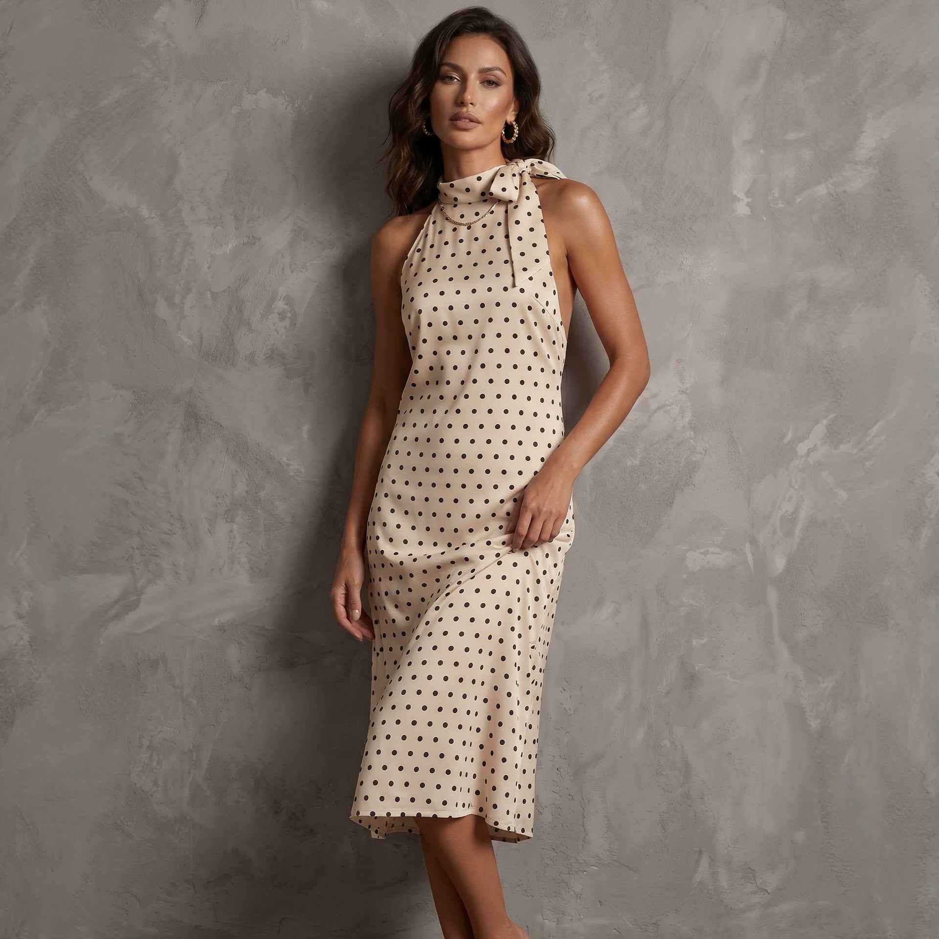 Designer-style Polka-dot Sleeveless Halter-neck Dress For Women