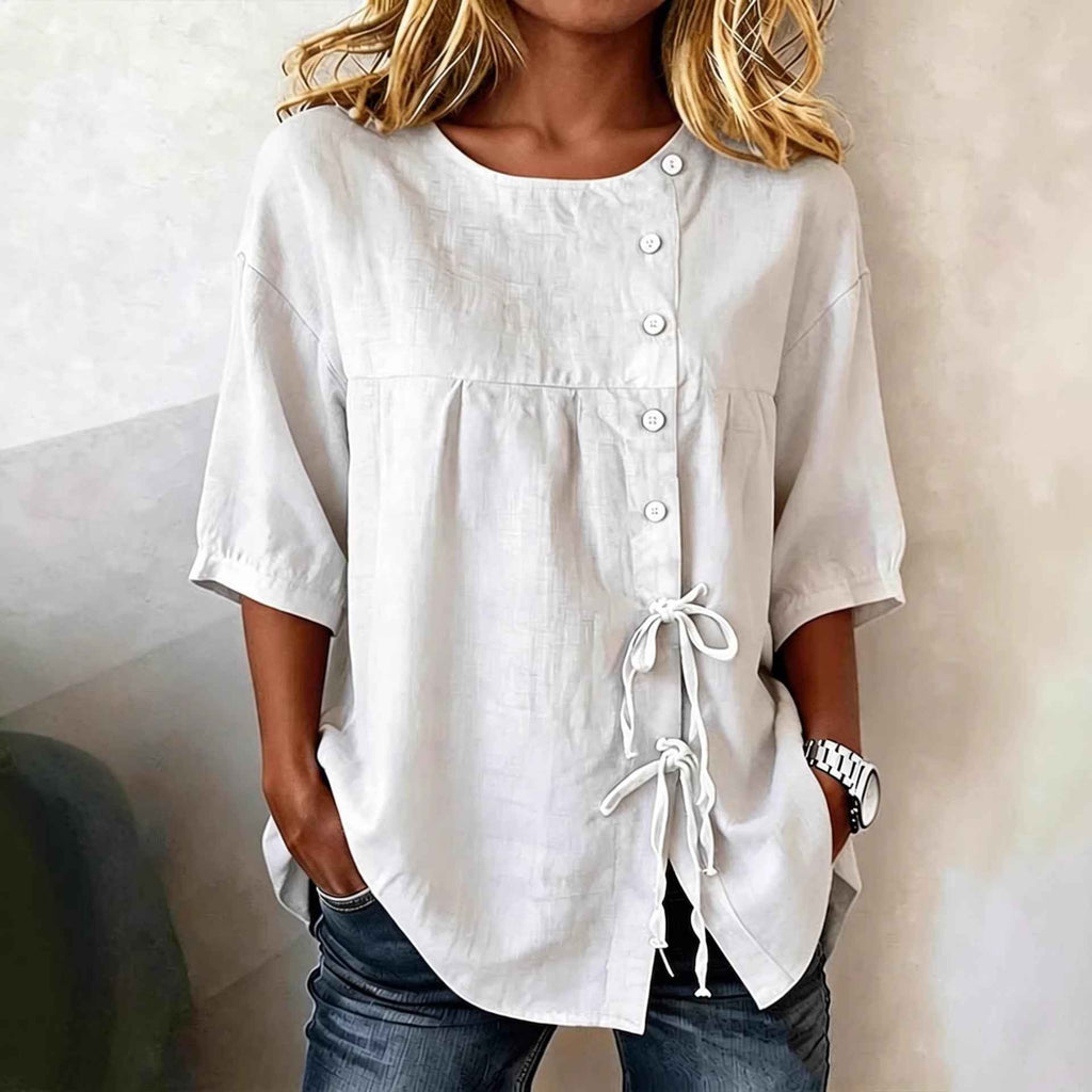 Lace-Up Button Linen Shirt – Asymmetric Three-Quarter Sleeve
