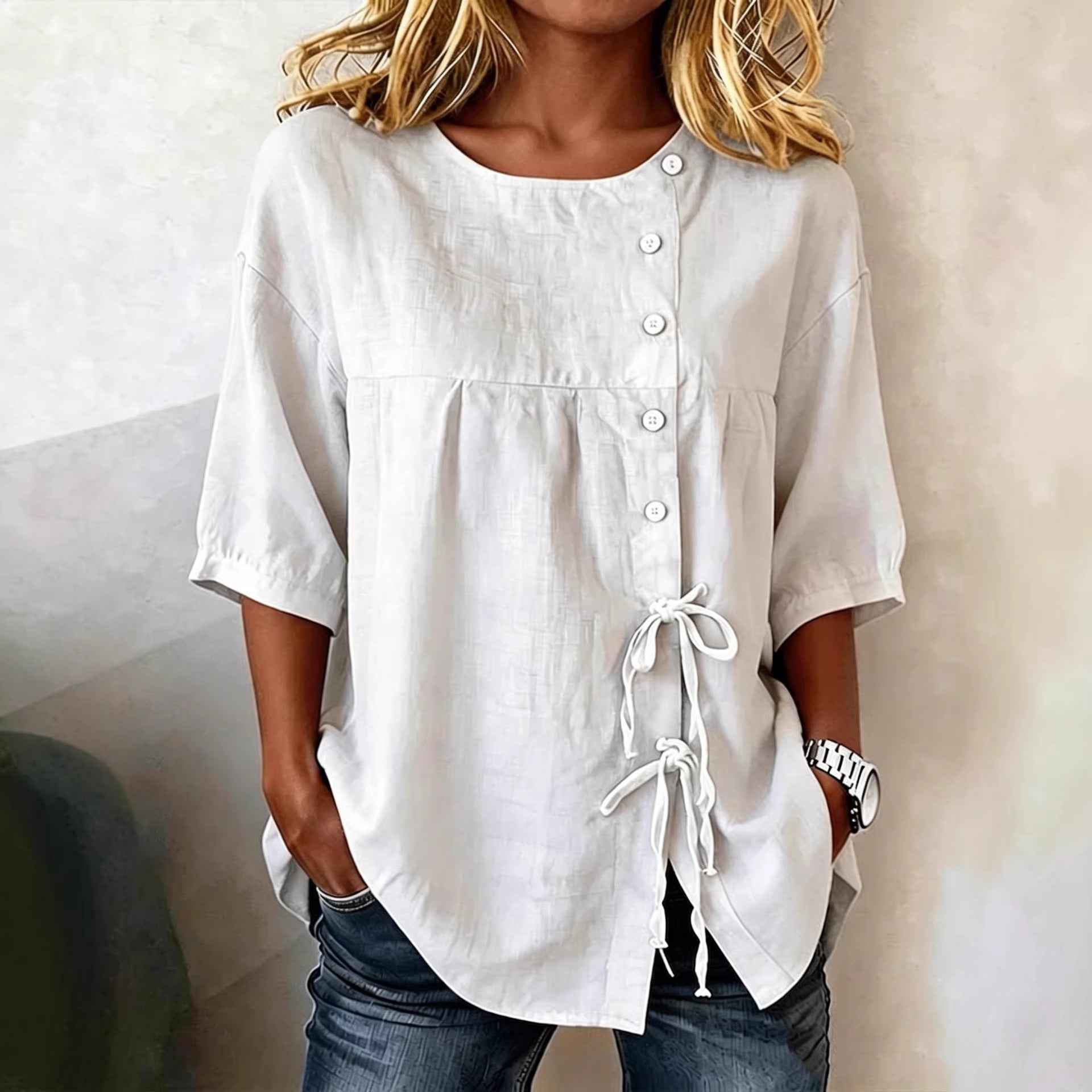 Lace-Up Button Linen Shirt – Asymmetric Three-Quarter Sleeve