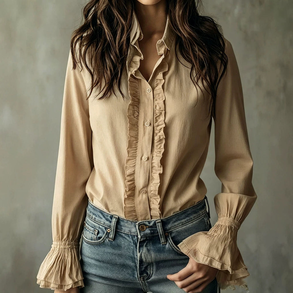 Thin Spliced Flared-sleeve Ruffled-edge Womens Long-sleeve Blouse