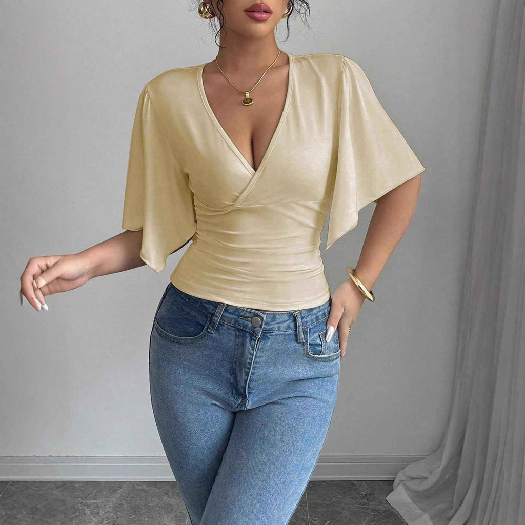 V-Neck Pleated Flutter Sleeve Slim Blouse — 3 Colours