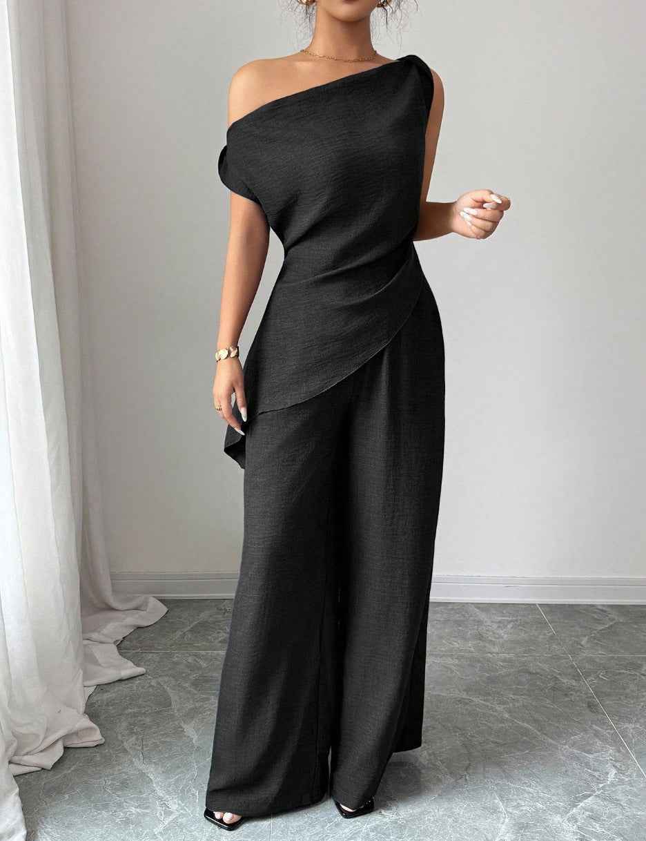 Off-Shoulder Sleeveless Top & Wide-Leg Pants Two-Piece Set