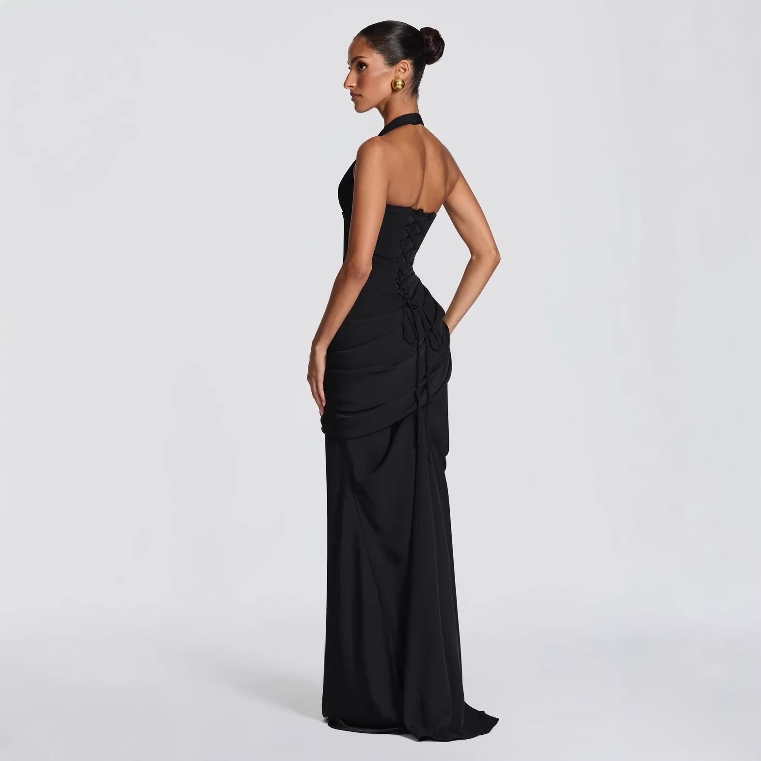 Halter-Neck Pleated A-Line Maxi Dress — Cinched Waist, Sleeveless, Elegant