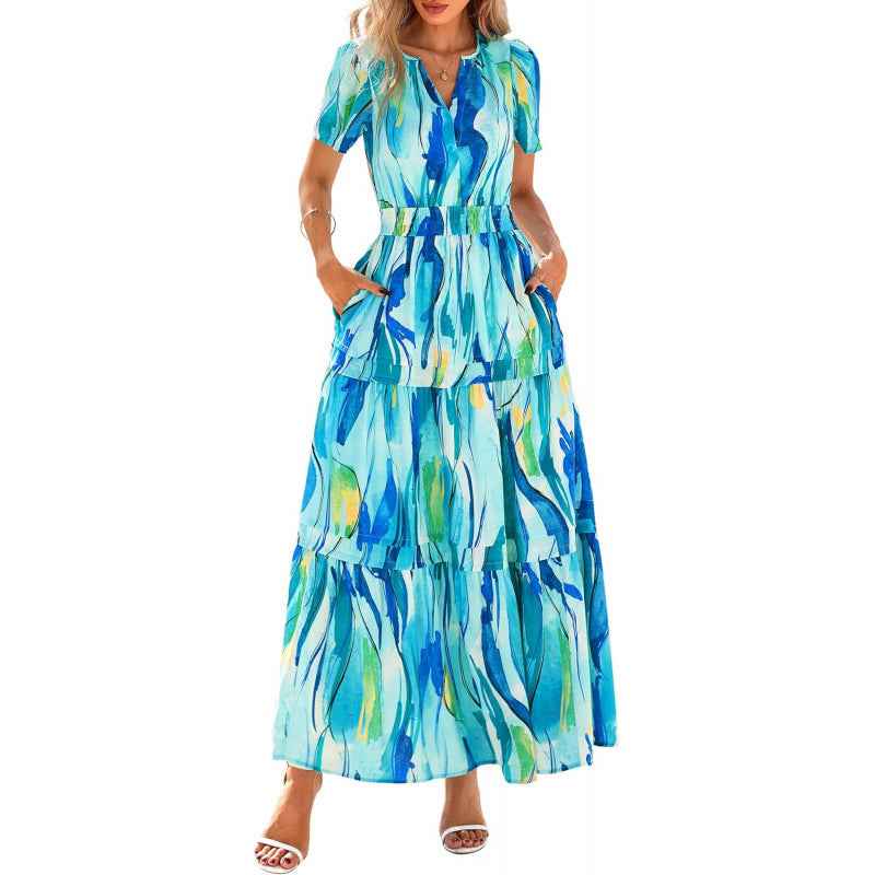Womens Retro Floral Short-Sleeve V-Neck Dress