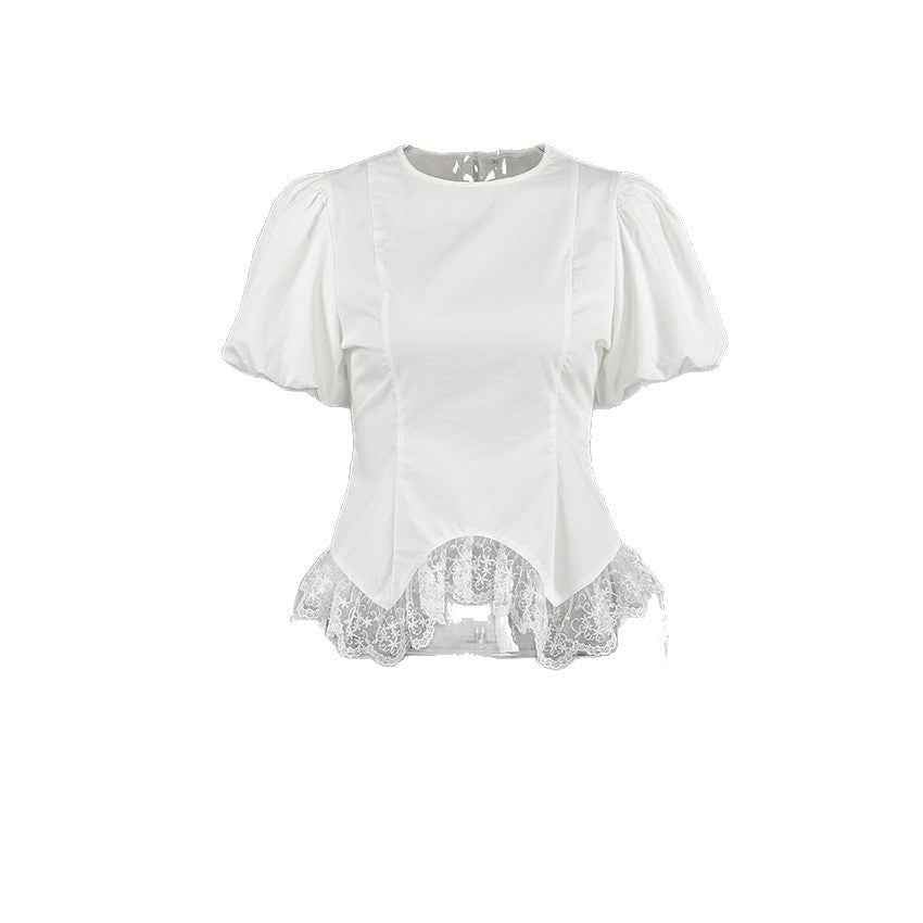 Women's White Lace Puff-Sleeve Blouse — Fitted Waist & Appliqué Detail