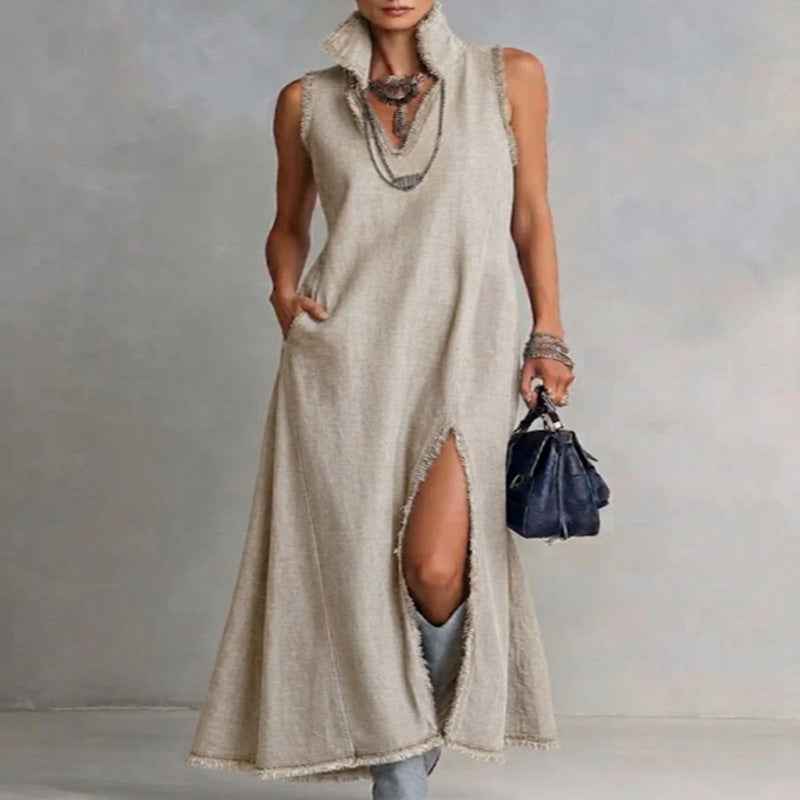 Womens V-neck Sleeveless Tassel-panel Split Cotton-linen Dress