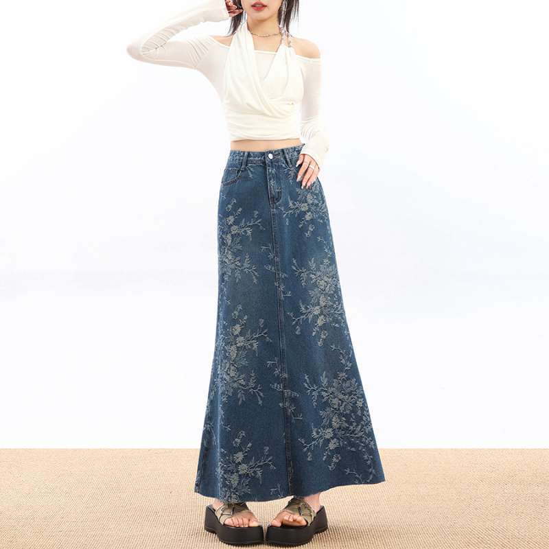 High-Waisted Jacquard Denim Skirt – French Retro