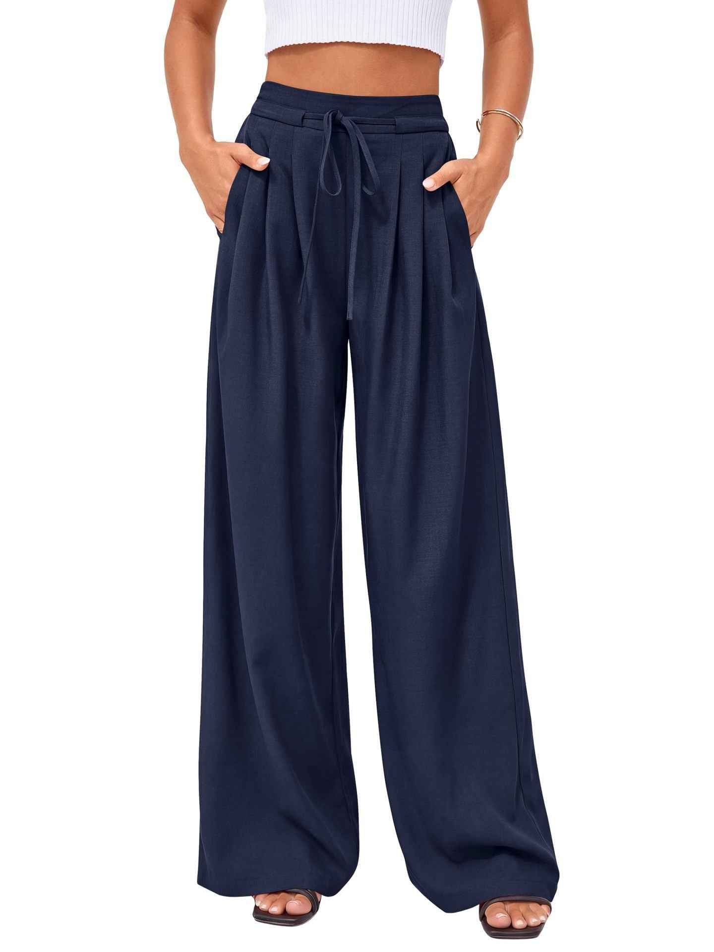 Womens High-Waisted Lace-Up Pleated Wide-Leg Casual Pants