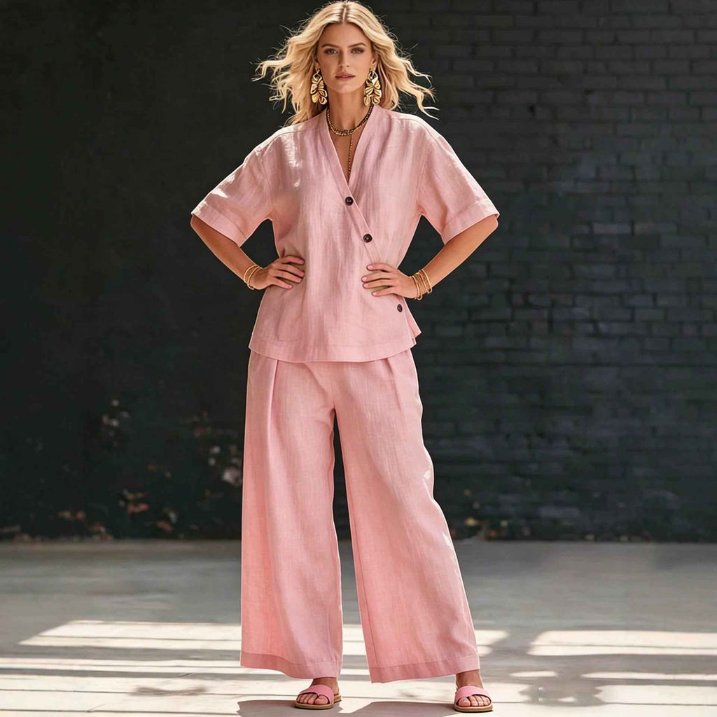 Womens V-neck Short-sleeve T-shirt And High-waisted Trousers Set