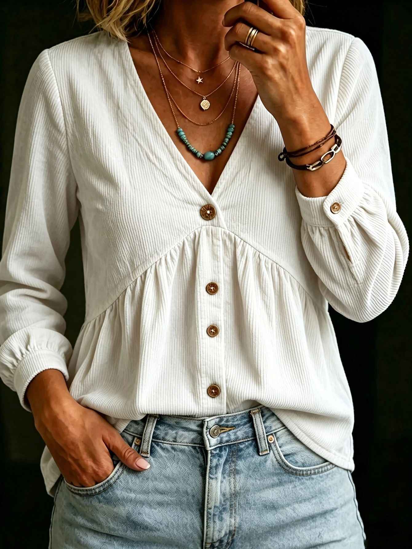 Corduroy V-neck Button-down Shirt Fashionable T-shirt Casual Pleated Top