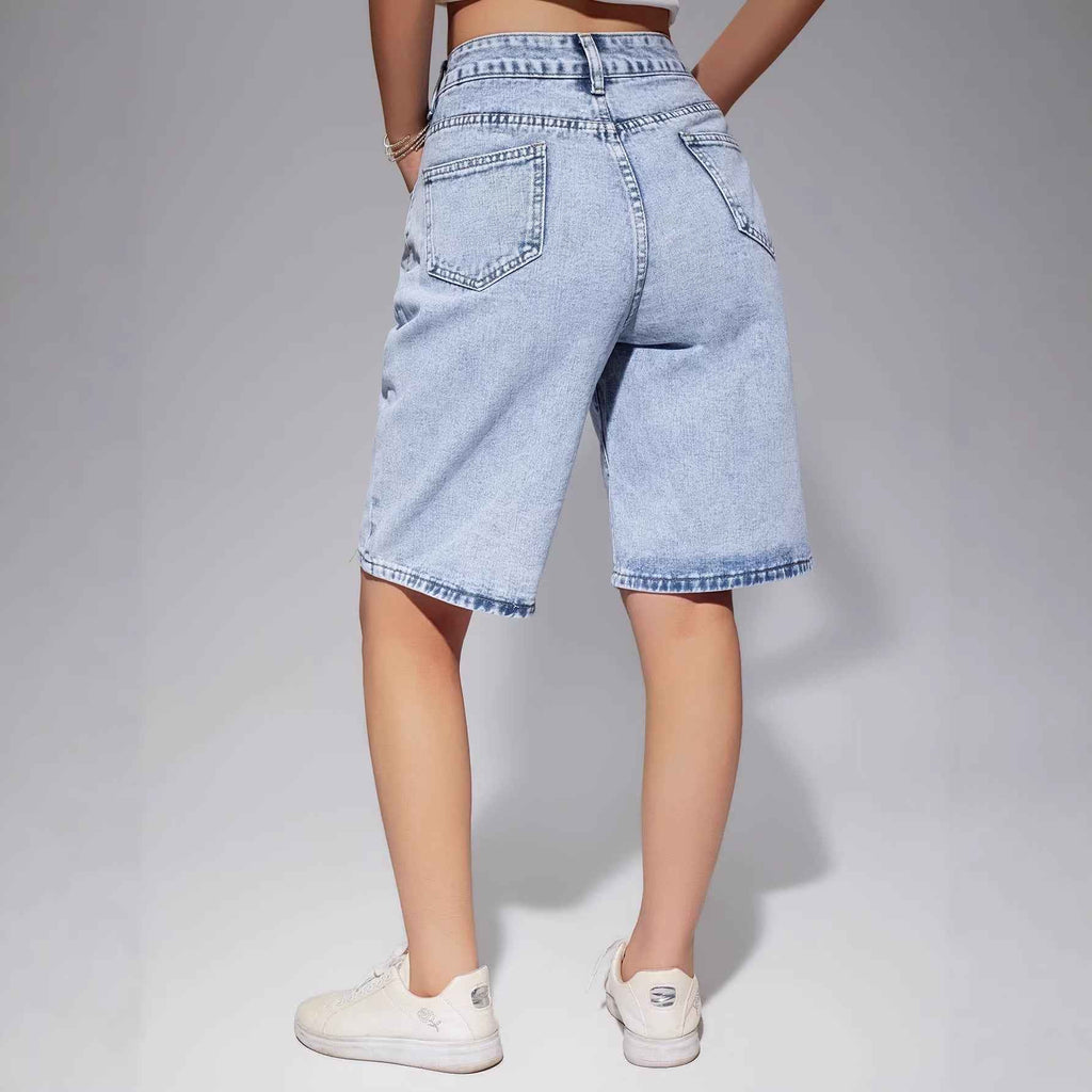 Women's Washed Denim Cropped Shorts – High Waist, Loose Straight Leg