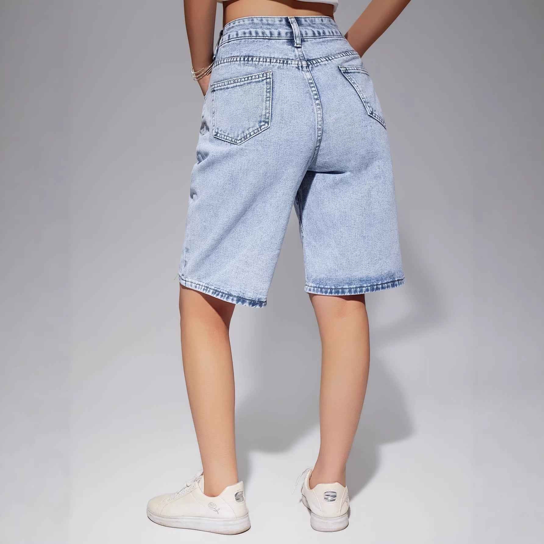 Women's Washed Denim Cropped Shorts – High Waist, Loose Straight Leg