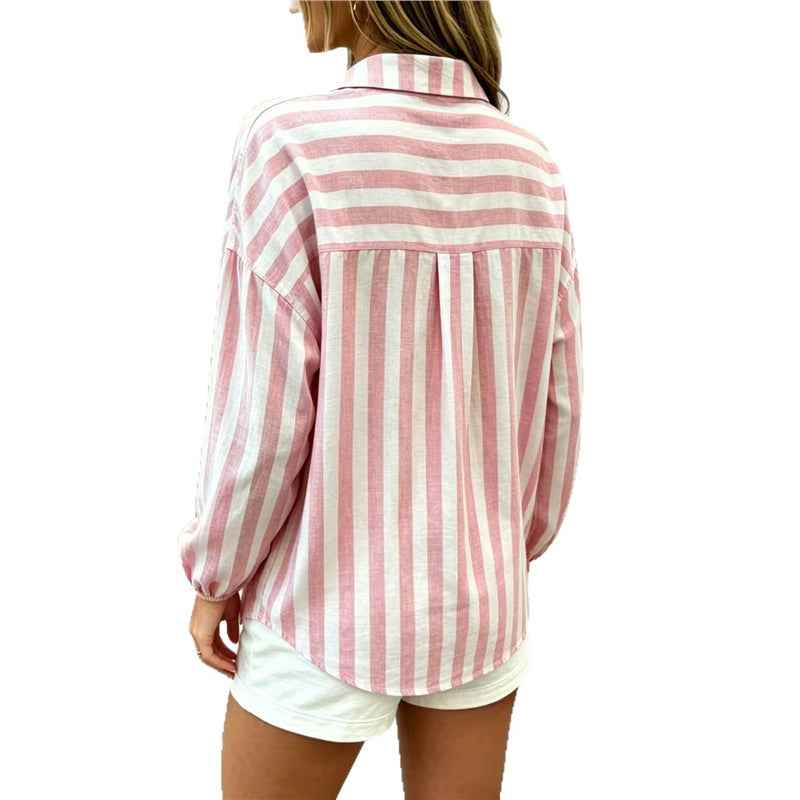 Women's Striped Puff-Sleeve Lapel Shirt