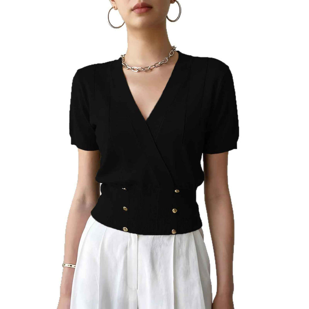 Double-Breasted Knit Pullover Top