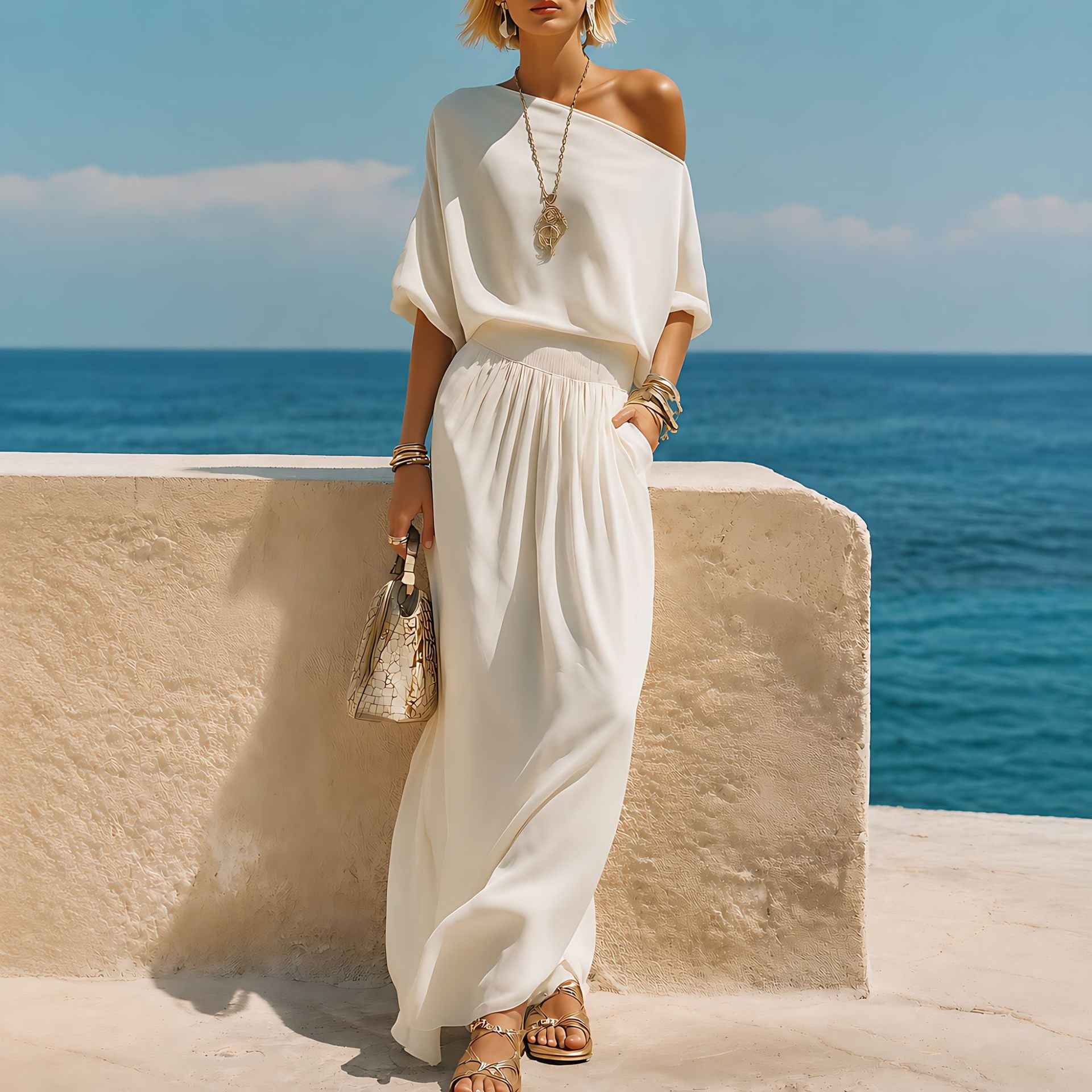 Womens Resort-Style Casual Off-Shoulder Long-Sleeve Top And Elastic-Waist Midi Skirt Set