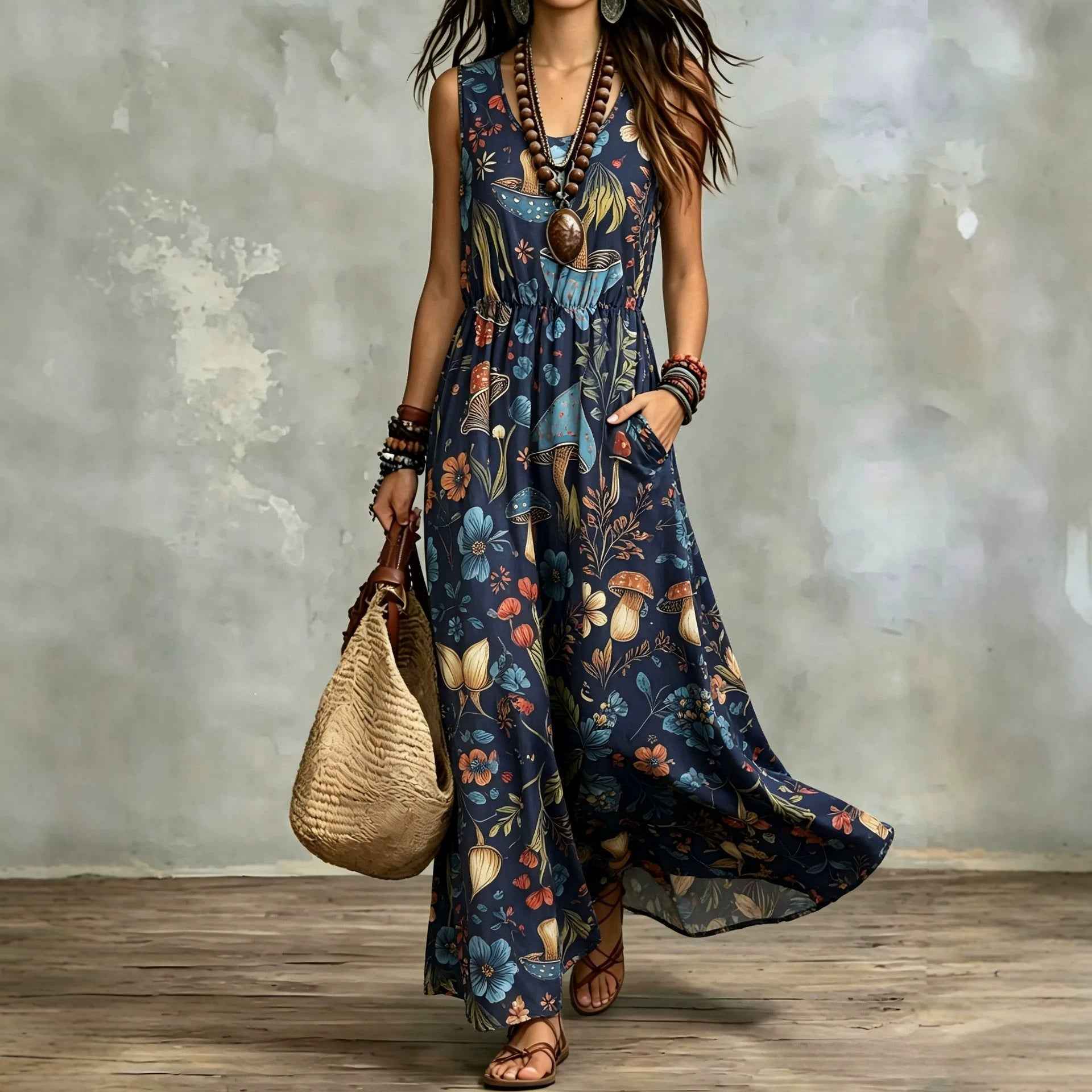 Elegant Sleeveless Printed Long Dress With Pockets